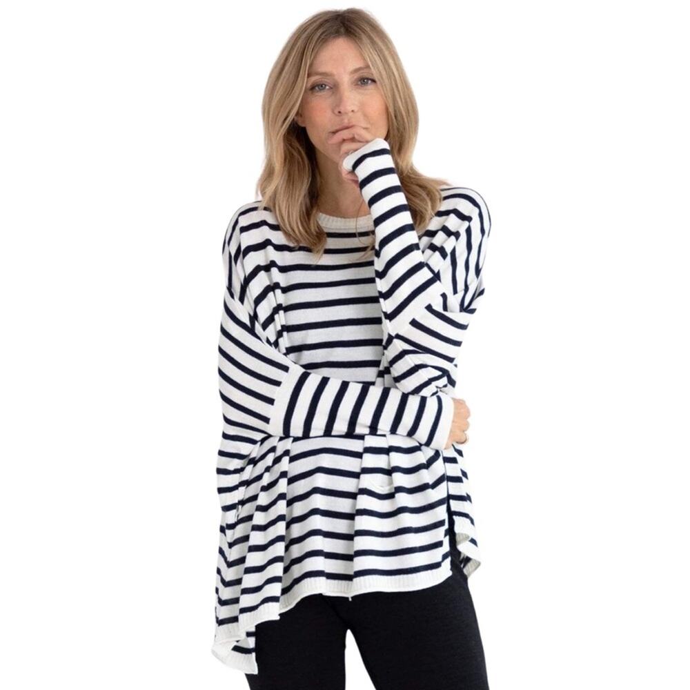 MER-SEA Catalina Crewneck Travel Sweater Navy Striped One Size Nautical Preppy